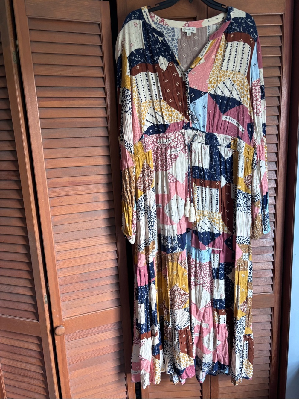 Wonderly Mixed Patchwork Maxi Dress in Pink, Mustard & Navy